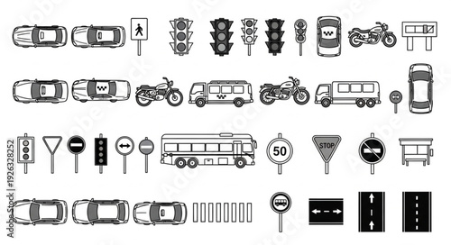 Collection of various transportation vehicles and road signs in black and white.
