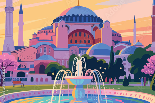 Illustration Of A View Of A Large Mosque Building With Many Trees, A Scene Of A Fountain Building Vector Design Template