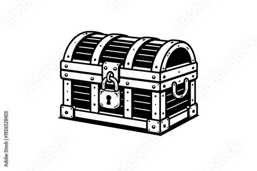 Monochrome vector illustration of a classic vintage wooden treasure chest with a domed lid, reinforced by metal bands and rivets, securely locked by an antique padlock with a visible keyhole.