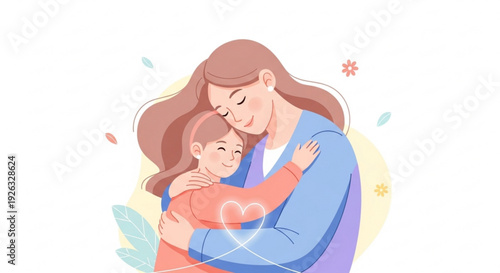 Loving mother tenderly embraces her happy young daughter with closed eyes and gentle smiles conveying deep affection and strong family bond set against a soft abstract
