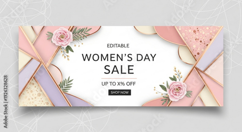 Elegant women's day sale banner with pastel pink and lilac geometric shapes delicate rose flowers gold foil accents and confetti promoting a special offer with a 'shop