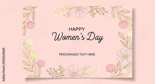 Elegant floral border greeting card for happy women's day celebration featuring delicate hand drawn flowers leaves and customizable text area on soft pink background