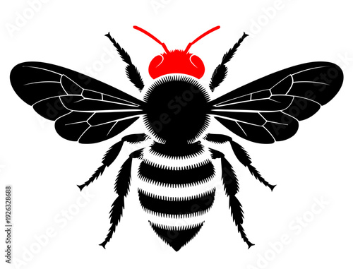 Stylized black silhouette of a bee with striped abdomen and spread wings on a white background