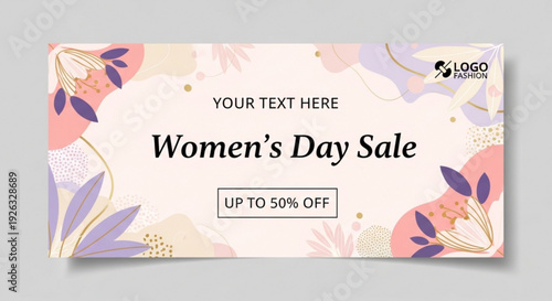 Celebrate women's day with a special sale banner featuring abstract floral elements and pastel colors offering up to 50 off perfect for online advertising social media