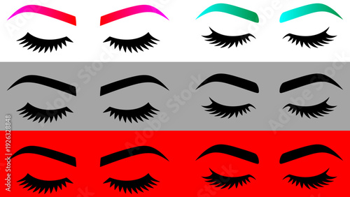 Set of closed female eyes, eyelashes, and eyebrows. Different long beautiful eyelashes