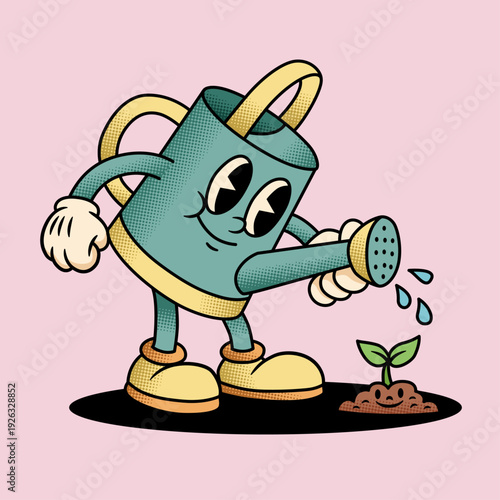 Retro Cartoon Watering Can Character Nourishing a Sprouting Plant for Sustainability Theme