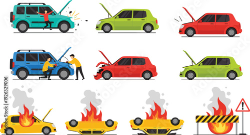 Car accident and breakdown set with damaged vehicles, fire, collision scenes, repair activity and warning signs, roadside emergency vector illustration collection isolated