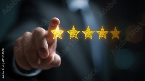 Hand touching five golden stars, representing customer satisfaction and excellent service rating.