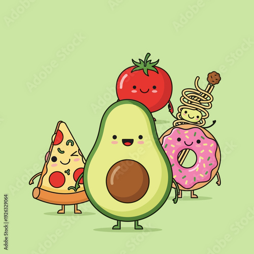 Cute Kawaii Food Characters: Avocado, Pizza, Donut, Tomato, Spaghetti