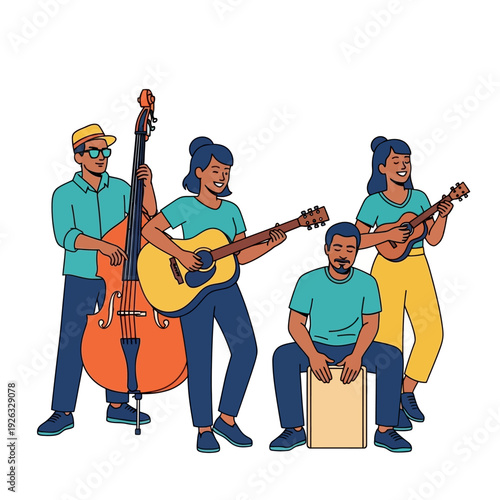 Diverse band playing acoustic music outdoors: guitar, bass, cajon, ukulele
