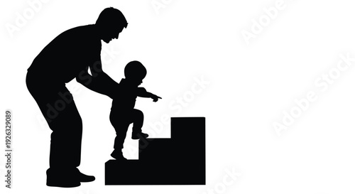 Father guiding young child climbing up steps in a vector graphic illustration design