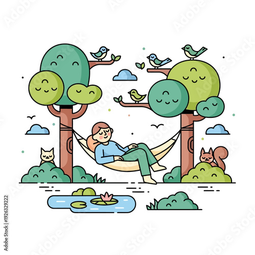 Relaxing Person in Hammock Under Trees with Birds and Animals in Nature