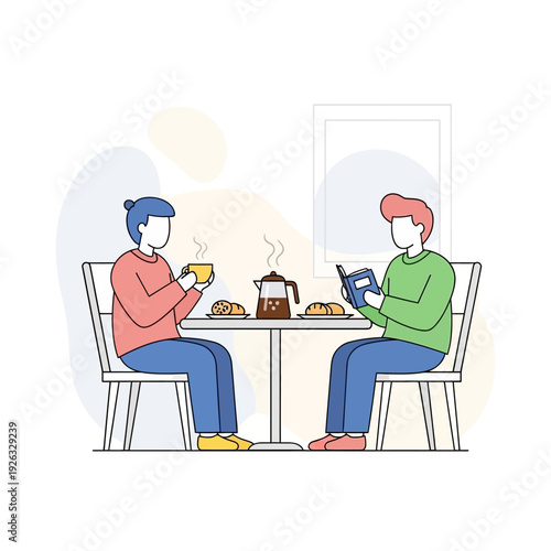 Two friends enjoying coffee and reading at a cafe table, relaxed morning atmosphere