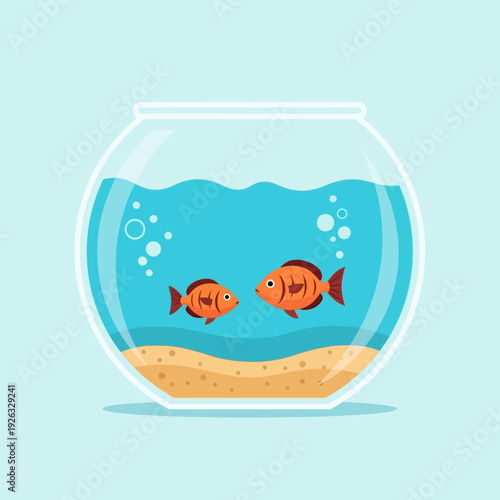 Two orange goldfish swimming in a round fishbowl with sandy bottom and blue water