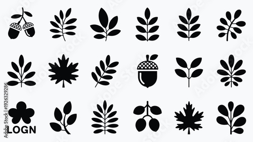 Minimalist autumn leaf and acorn silhouette logo bundle on white background for seasonal branding