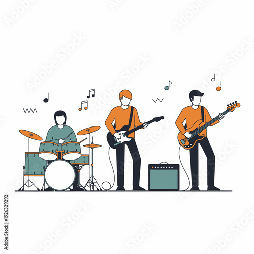 Band Playing Music Together: Drummer, Guitarist, Bassist Performing Live