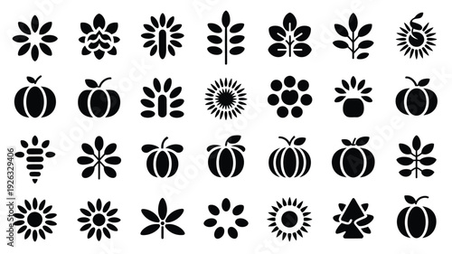 Autumn harvest brand mark silhouettes featuring pumpkins fruits leaves and flowers on white background for seasonal marketing and design