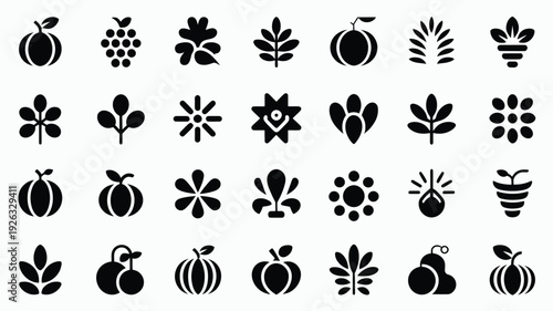 Autumn harvest brand mark silhouettes featuring various fruits and leaves on a white background for seasonal design projects
