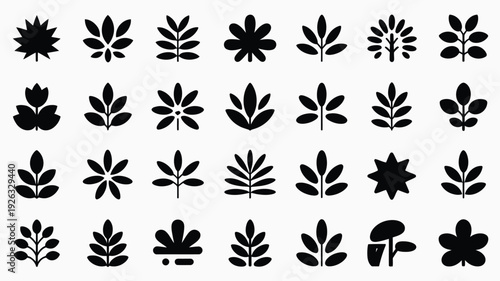 Autumn season silhouette logos fall floral icons set black leaves and flowers on white background with gray squares