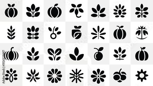 Autumn harvest brand mark silhouettes featuring various fruits and leaves on a transparent background for seasonal marketing and packaging