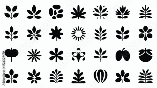 Collection of autumn season silhouette logos and icons featuring various leaves flowers fruits and plants on a white background with subtle gray squares