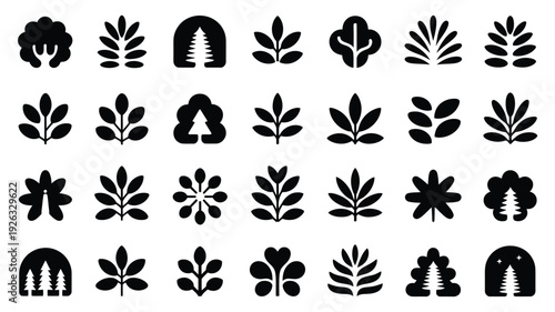 Autumn forest logo silhouettes and decora elements on white background black leaves and trees icons set