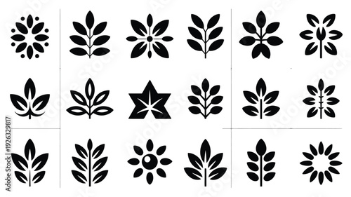 Collection of black leaf and flower silhouettes in various shapes and sizes on white background for graphic design