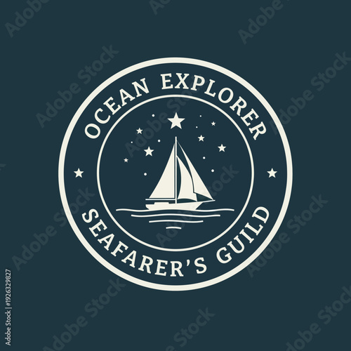 Ocean Explorer Seafarers Guild Emblem with Sailboat and Stars.