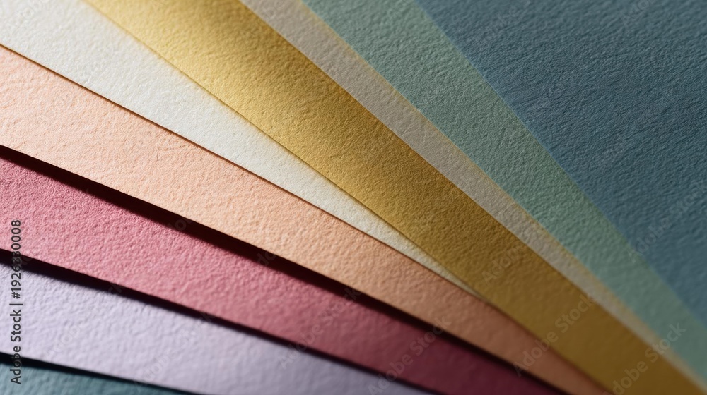 Fototapeta premium Close-up of a stack of colorful paper sheets. the sheets are arranged in a diagonal pattern, with each sheet having a different color - pink, orange, yellow, green, blue, and purple.