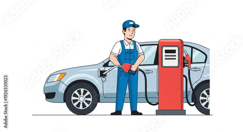 Mechanic Refueling Car at Gas Pump.