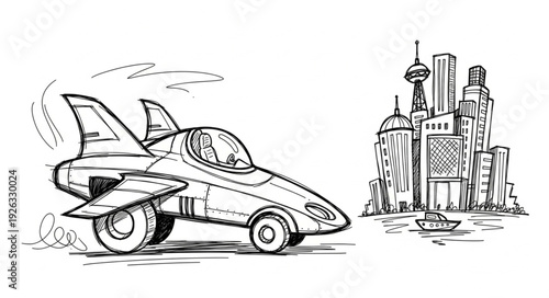 Futuristic vehicle design with jet wings and wheels, ready for flight in the city.