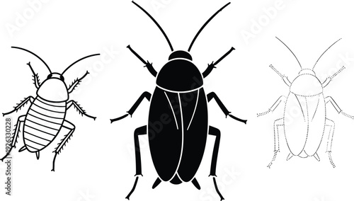 Cockroach silhouette and outline illustration set, detailed insect vector collection isolated on white background for pest control design