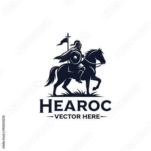 Powerful Warrior on Horseback with Shield and Flag Logo Design.