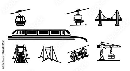 Collection of transportation icons featuring bridges, trains, and cable cars in black and white.
