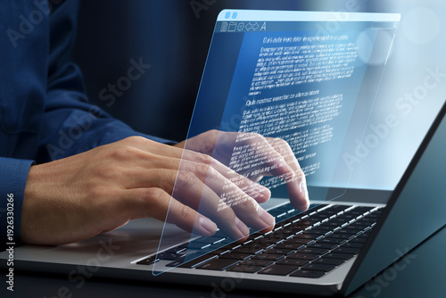Document writing software. Business text editing and word processing. Businessman typing on laptop computer keyboard.