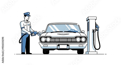 Man Refueling Classic Car at Gas Station.