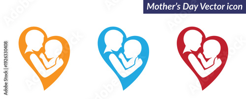 Mother’s Day Typography icon set. Text Design with floral Lettering and Mother Love Symbols. Vibrant Mother's Day icons featuring heart-shaped mother and child silhouettes. 