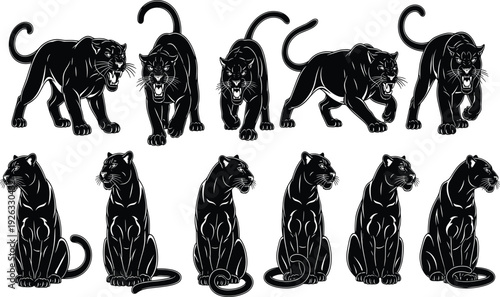 Collection of twelve stylized black panther illustrations featuring aggressive prowling stances and calm seated poses for wildlife and design themes"
