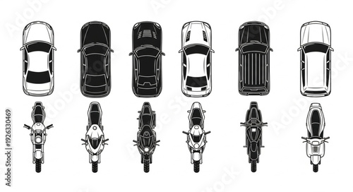Overhead view of various cars and motorcycles, showcasing transport vehicles.