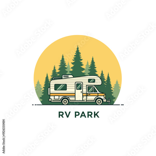 Retro RV Park Logo with Vintage Camper Van and Pine Trees.
