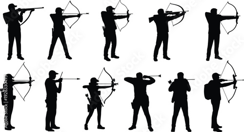 Silhouettes of archers with bows and arrows, rifle shooter figure, diverse shooting stances, artistic sports practice, competitive archery scene