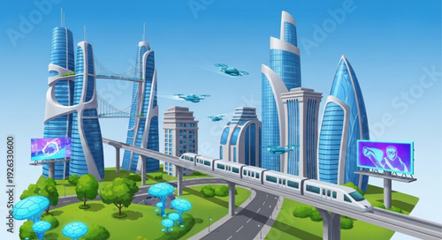 Futuristic city with elevated train and modern architecture under a clear blue sky.