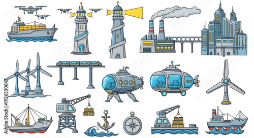 Collection of various maritime and industrial illustrations with detailed drawings.