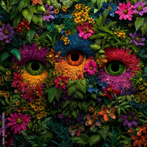 A whimsical composition presents a surreal botanical face with eyes of vibrant flowers, showcasing a surreal blend of nature's beauty and fantasy.