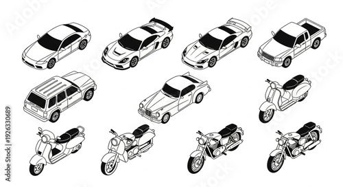 Collection of various vehicles including cars, scooters, and motorcycles in a detailed illustration.