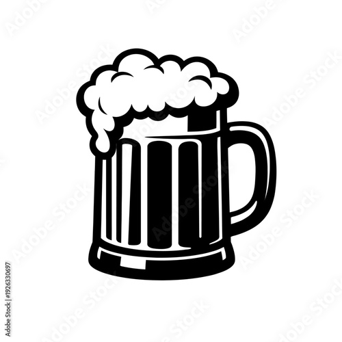 Black and white vector of a beer mug with frothy foam. Ideal for pub menus, brewery branding, bar graphics, craft beer promotions, happy hour, Oktoberfest, beverage designs. Versatile, refreshing drin