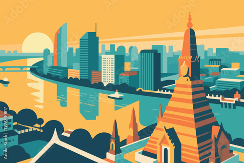 Illustration Of A Temple Near The City And Canal With A Sunset Atmosphere In The Afternoon Vector Design Template