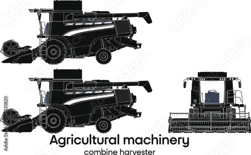 Agricultural machinery combine harvester vector illustration, detailed farm equipment silhouette side and front view, modern harvesting machine isolated on light background