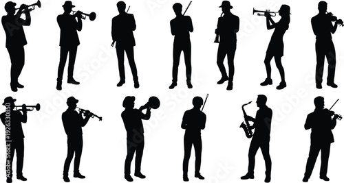 Silhouettes of diverse musicians playing instruments, orchestra ensemble performance, jazz band practice, artistic harmony, creative collaboration, musical teamwork scene