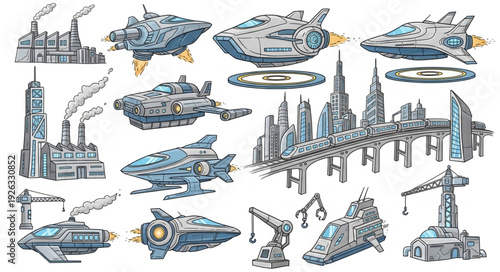 Futuristic Spaceships and Industrial Structures Depicted in Detailed Artistic Illustration.